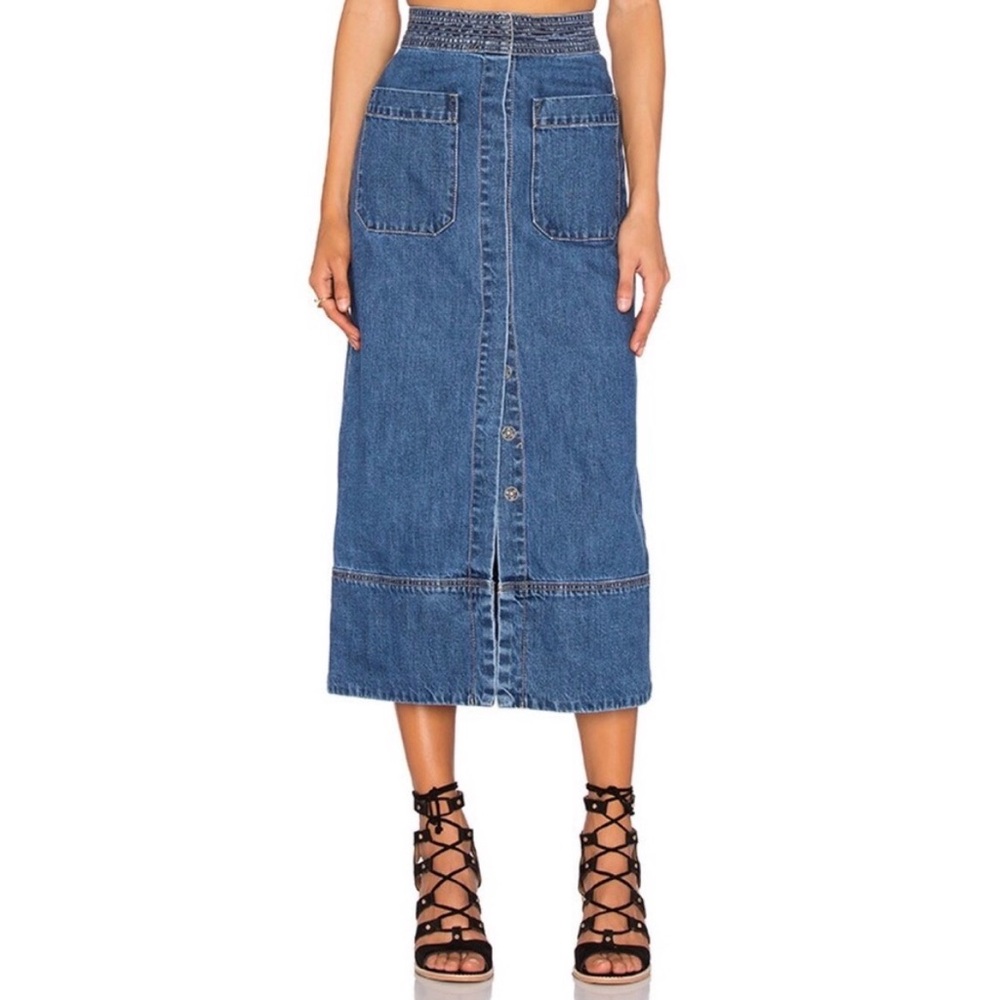 NWT Free People Just A Dream Rory Blue Wash Button Down Denim Jean Midi Skirt
